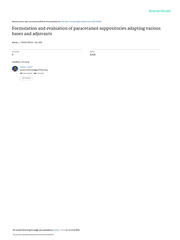 Formulation and Evaluation of Paracetamol Suppositories Adapting Various Bases and Adjuvants PDF