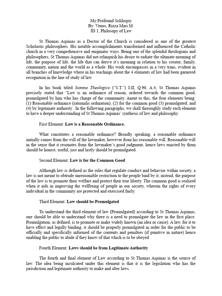 Reflection on 4 elements of law according to st thomas aquinas pdf