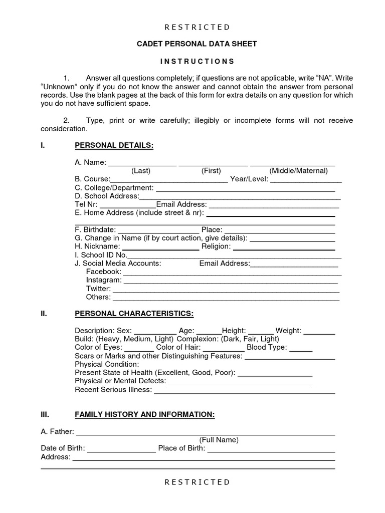 Cadet Personal Data Sheet Instructions PDF