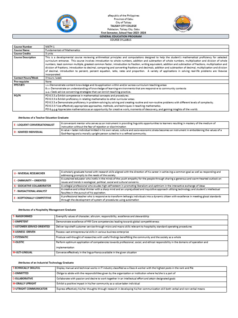 Fundamentals of Mathematics Syllabus | PDF | Career & Growth