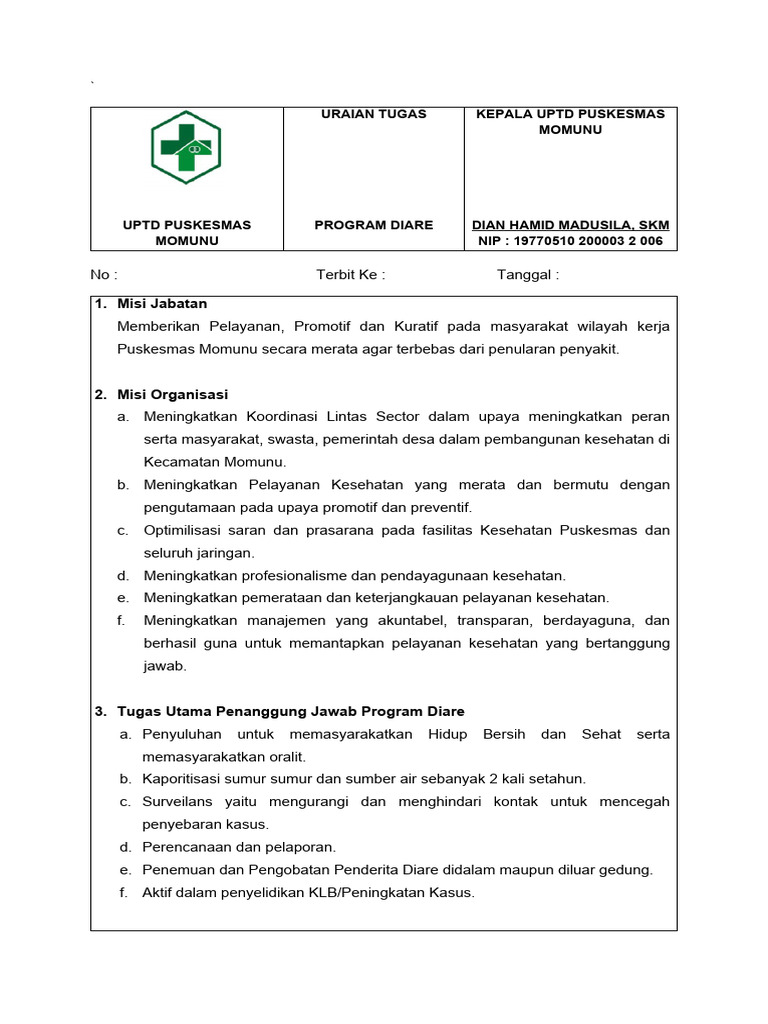 Tugas Kepala Program Diare Puskesmas Momunu | PDF