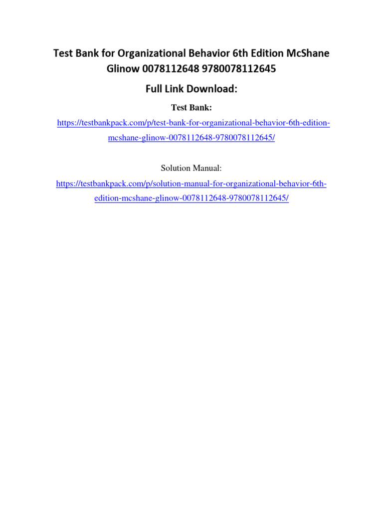 Test Bank For Organizational Behavior 6th Edition McShane Glinow ...
