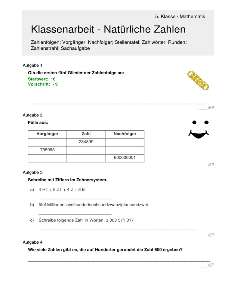Klassenarbeit - Natürliche Zahlen: 5. Klasse / Mathematik | PDF