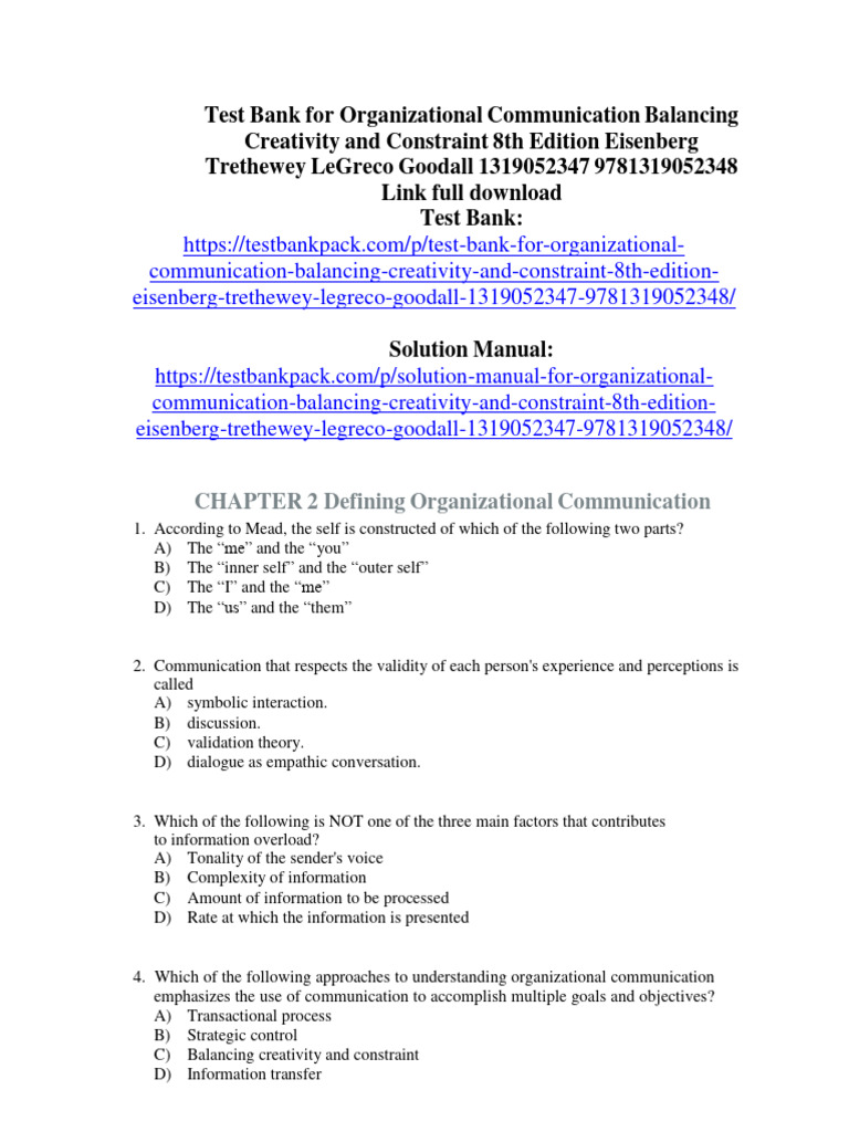 Test Bank For Organizational Communication Balancing Creativity and ...