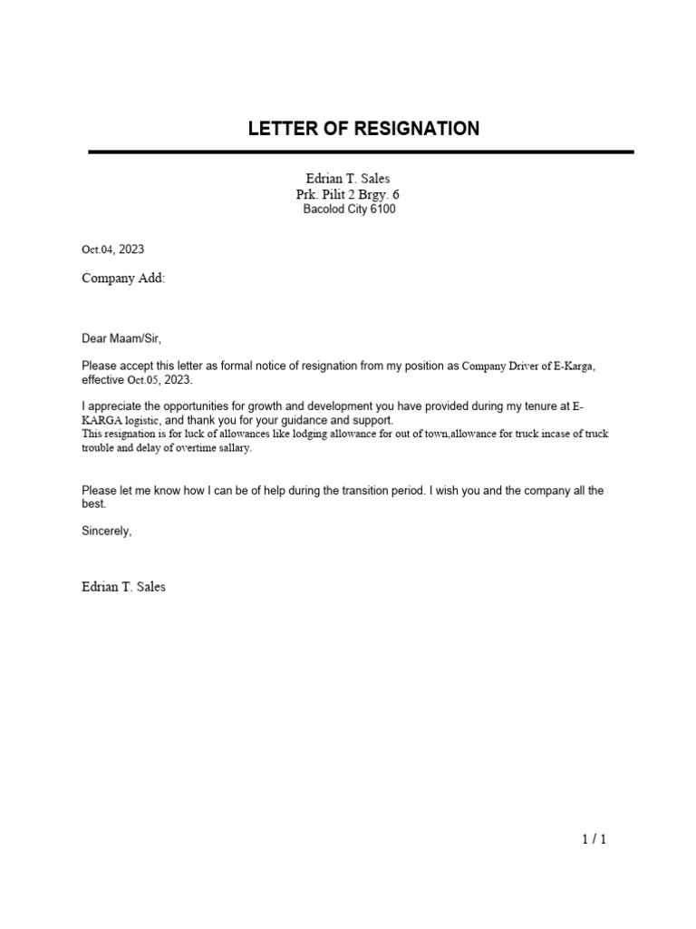 Resignation Letter from Company Driver | PDF
