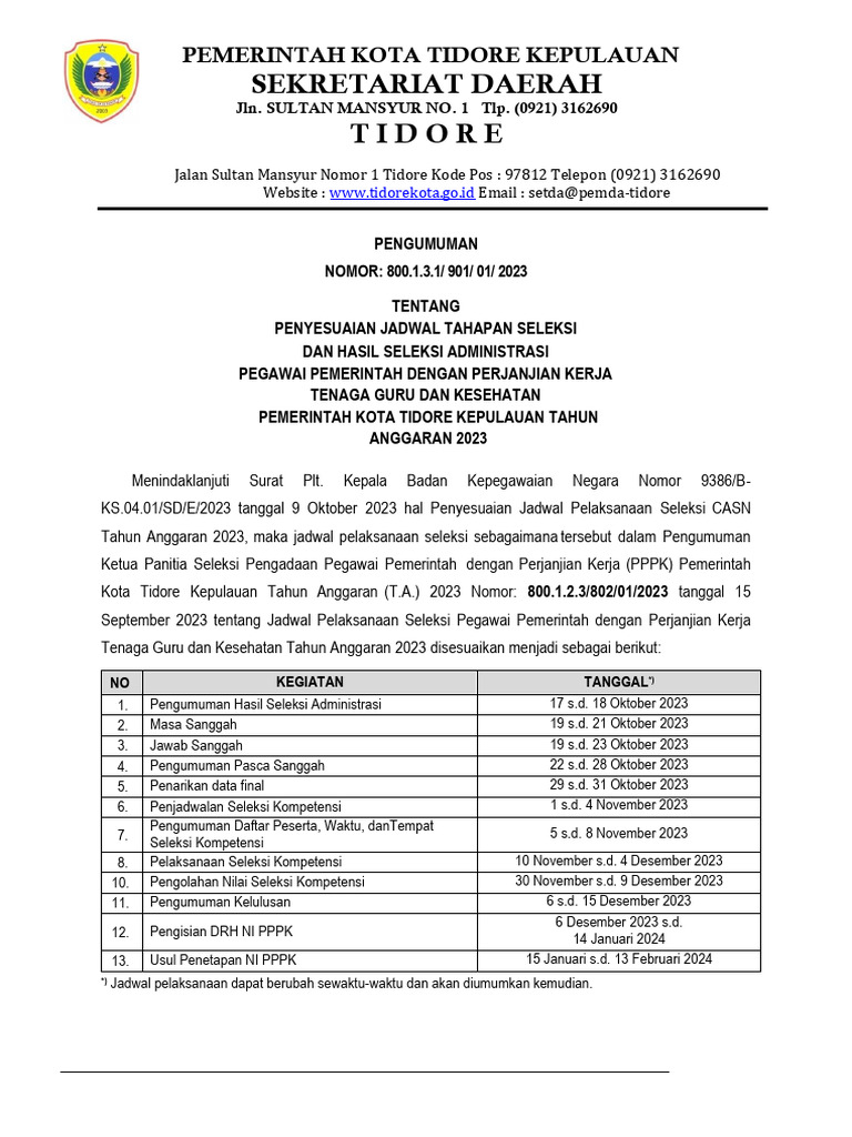 Pengumuman Hasil Seleksi Admnistrasi PPPK 2023 Kota Tikep | PDF
