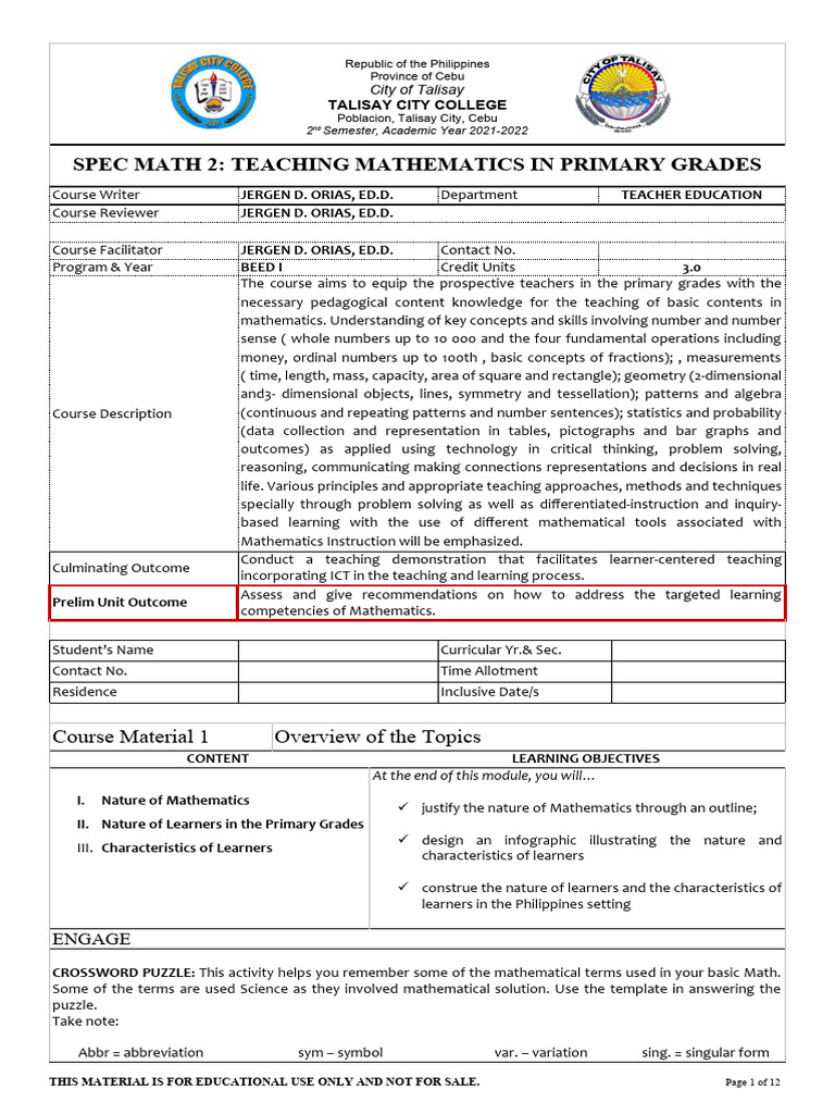 Spec Math 1 CM 1 | PDF | Career & Growth | Wellness