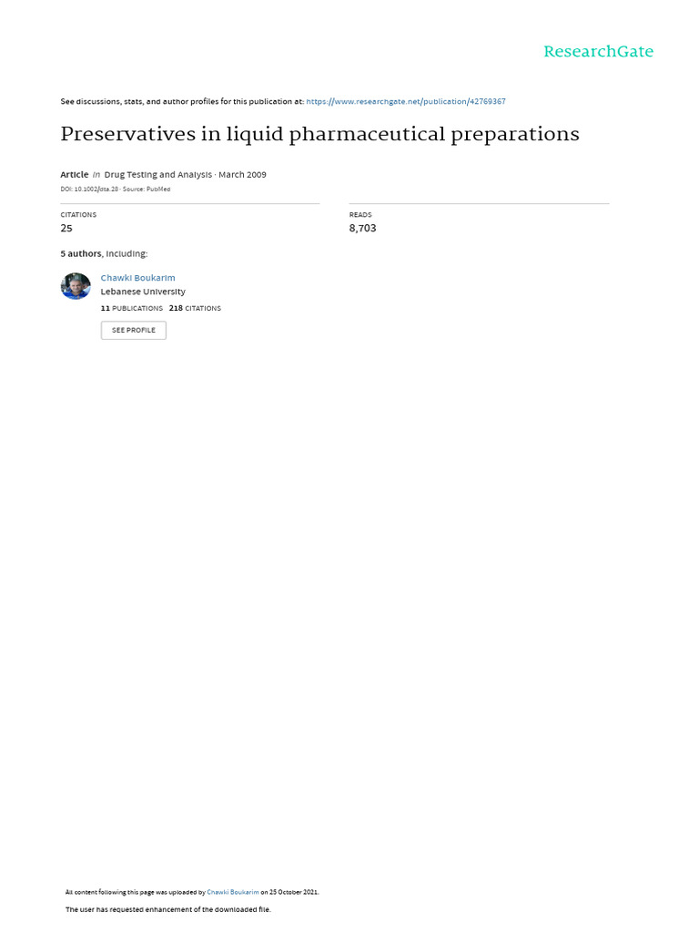 Preservatives in Liquid Pharmaceutical Preparation | PDF