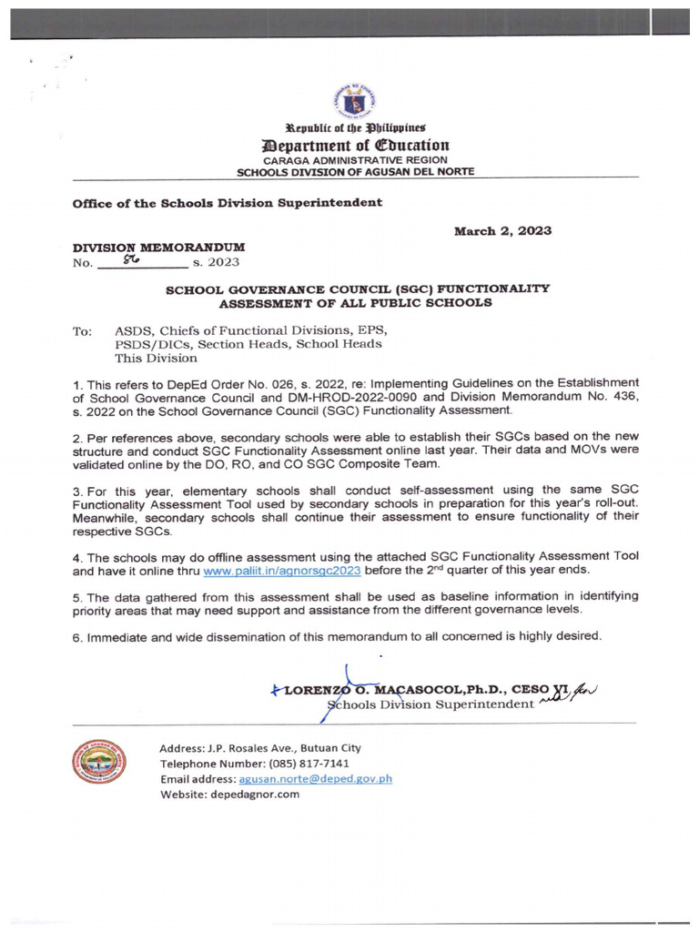 Memo SGC Roll Out of Functionality Assessment Tool | PDF