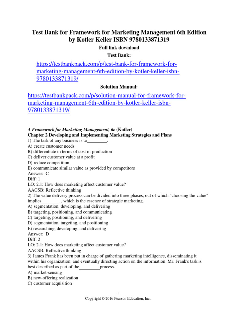 Test Bank For Framework For Marketing Management 6th Edition by Kotler ...