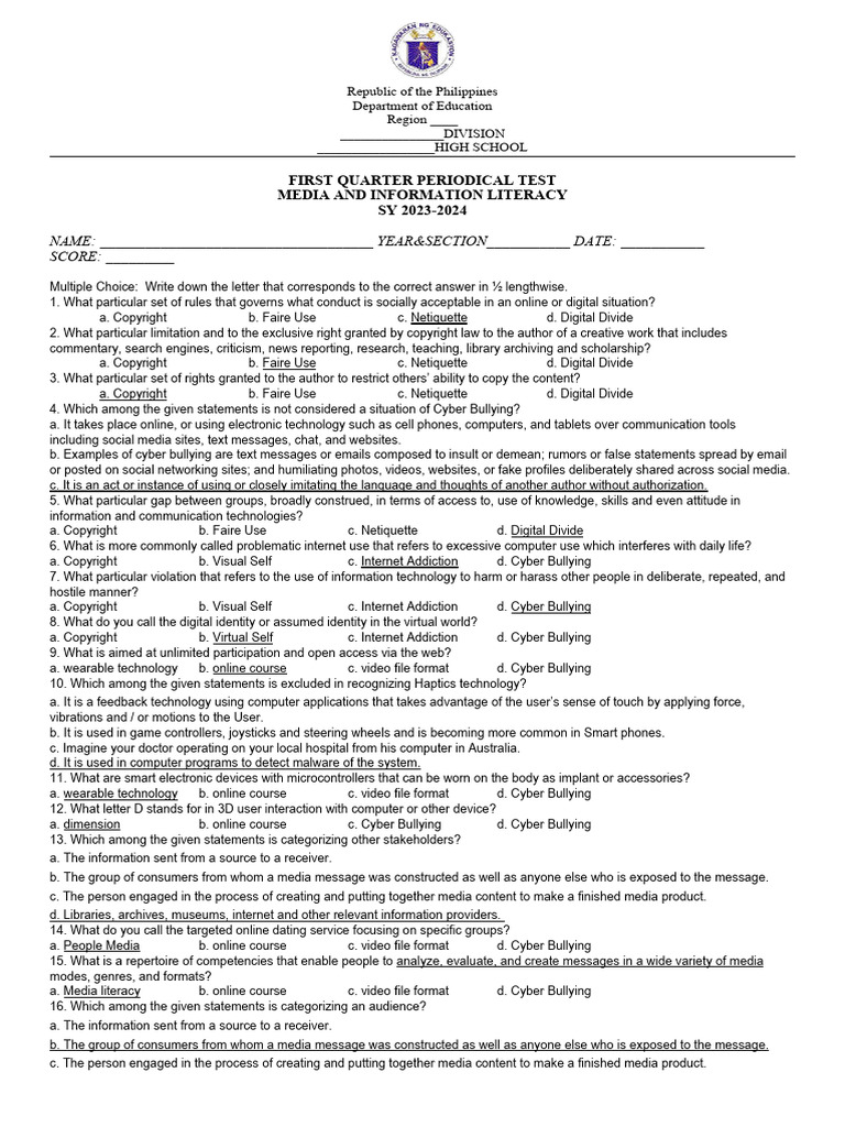 First Quarter Periodical Test Media and Information Literacy SY 2023
