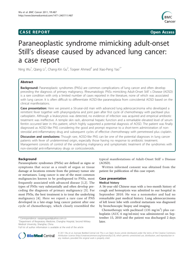 Paraneoplastic Syndrome Mimicking AdultOnset Still 'S Disease Caused