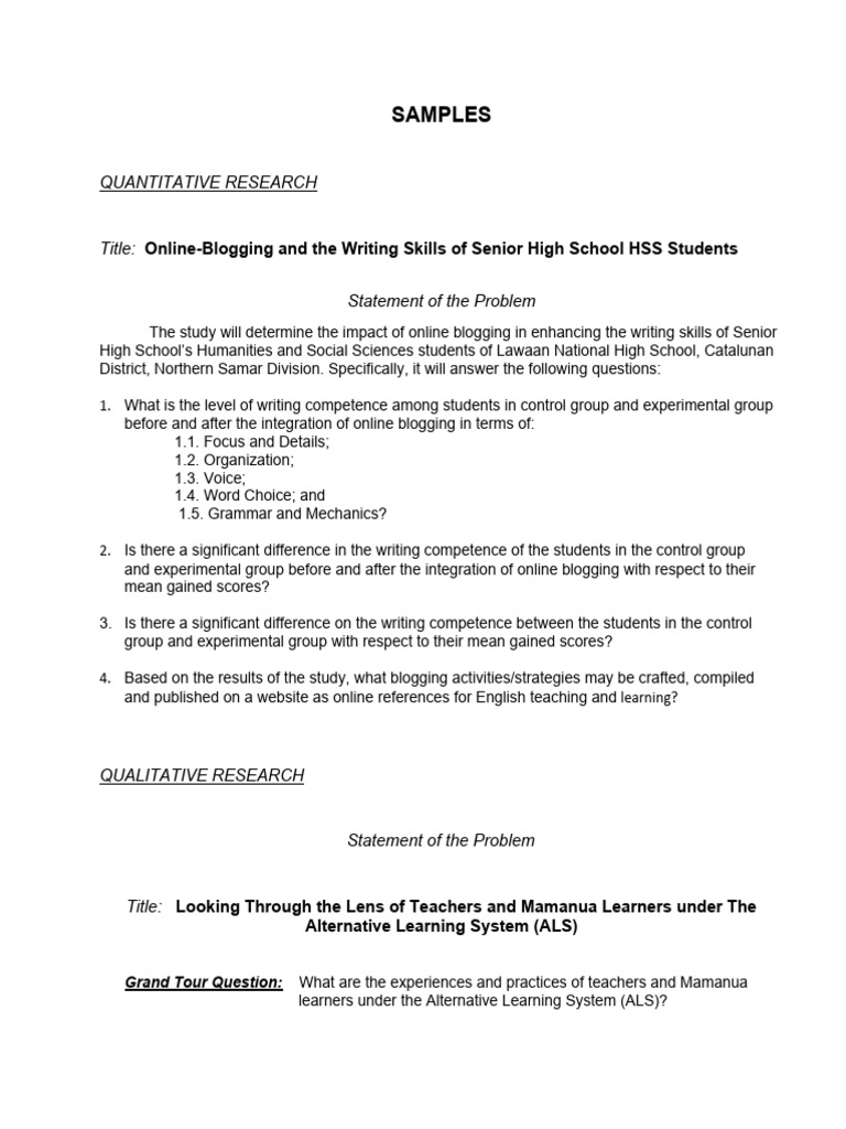 Statement of the Problem Samples | PDF