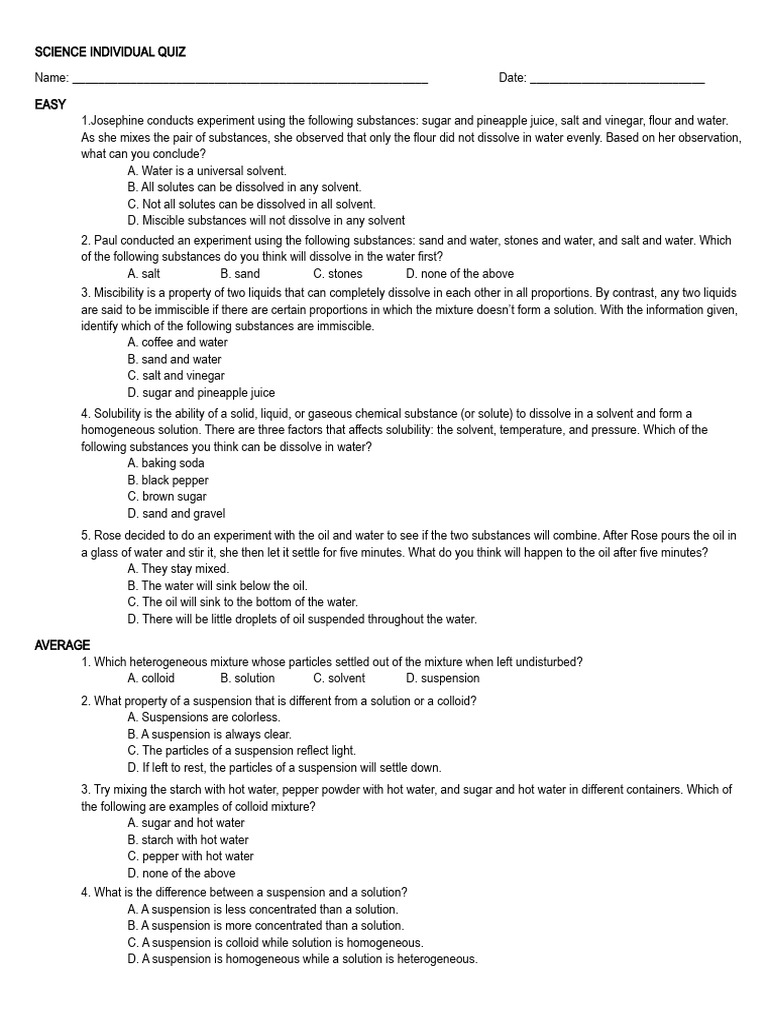 Individual Quiz PDF Suspension (Chemistry) Mixture