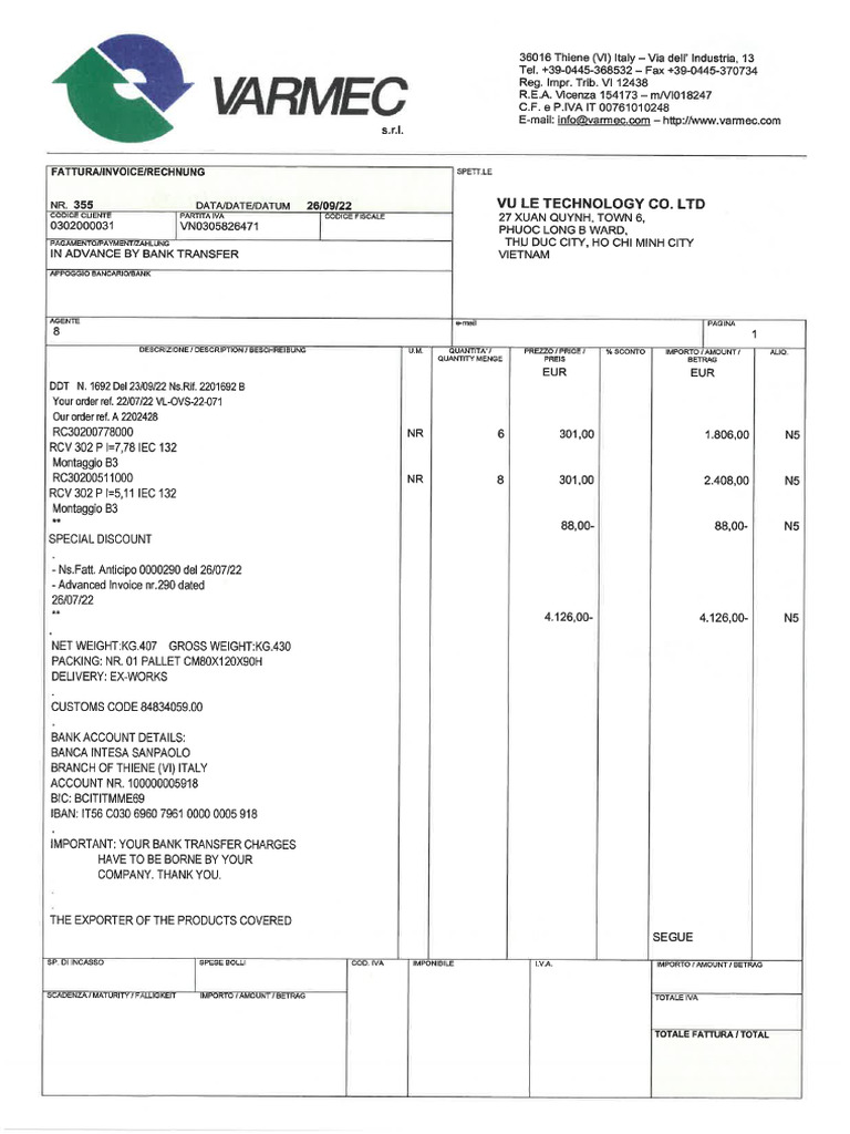 Invoice Varmec Italy | PDF