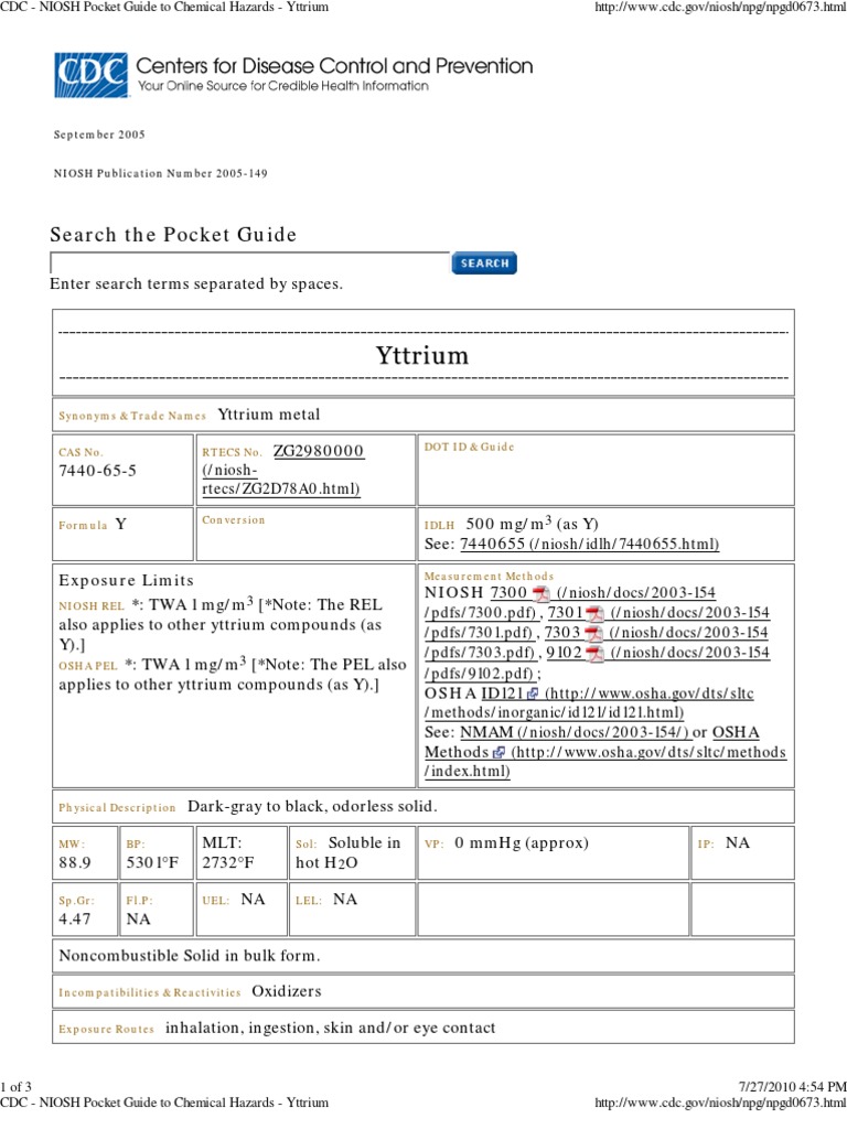 CDC NIOSH Pocket Guide To Hazards (Yttrium) PDF Centers For Disease Control And Prevention