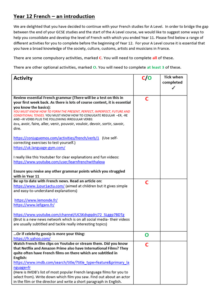 A Level French Bridging Work Checklist PDF