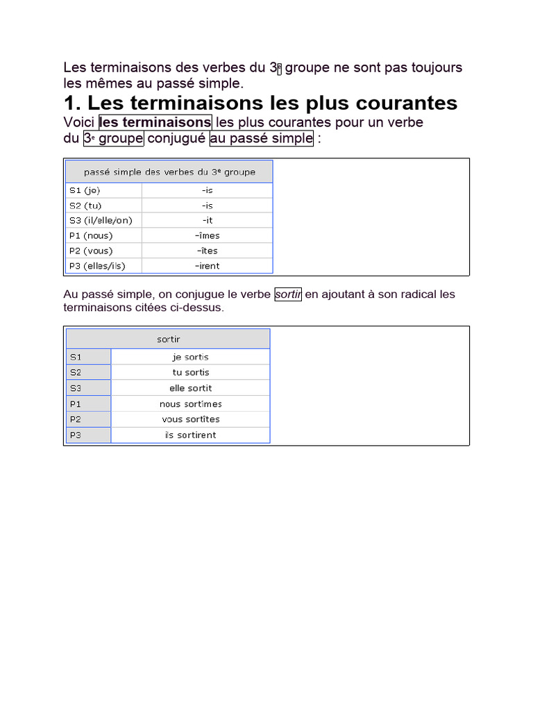 Terminaisons des verbes 3e groupe PS | PDF | Arts du langage et discipline