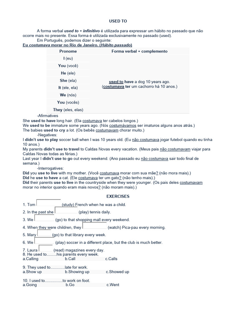 USED To - Teoria e Ecercícios | PDF | Artes Linguísticas e Disciplina
