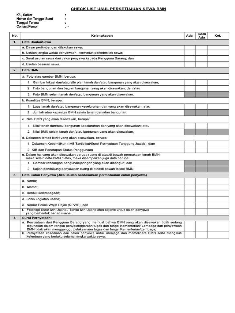 Checklist Usulan Sewa BMN K/L dan Satker | PDF