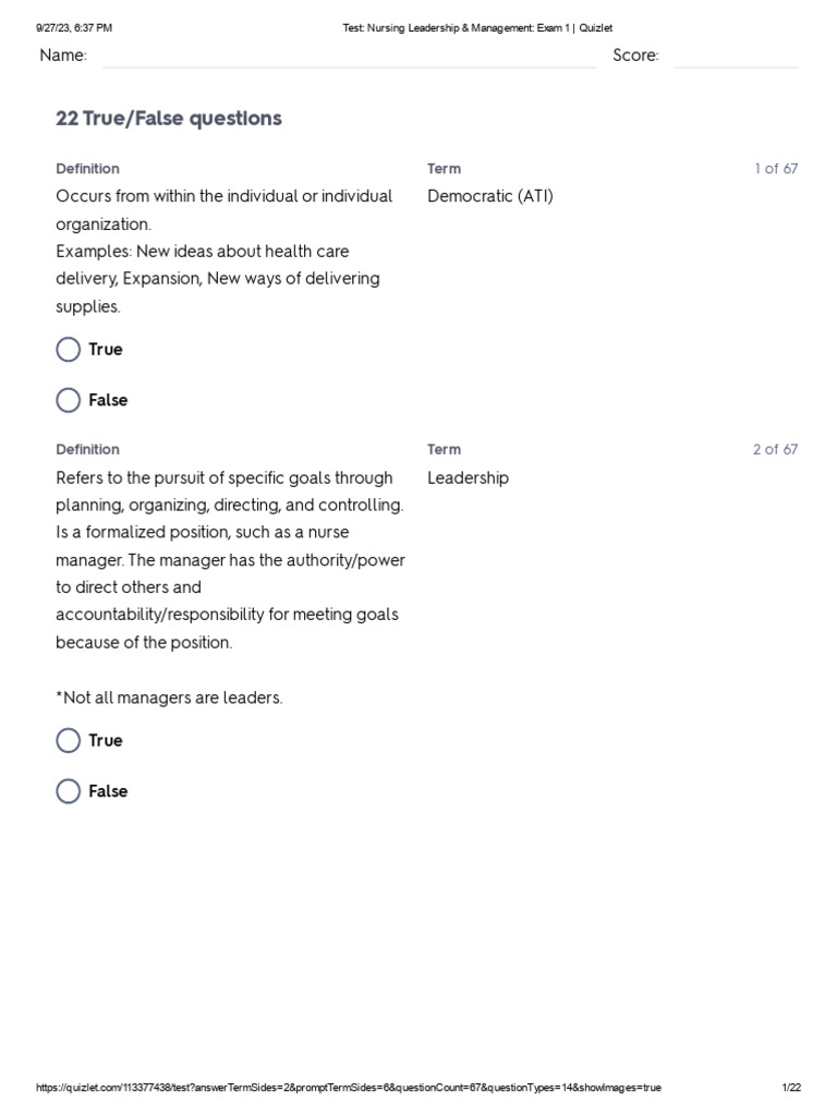 Test Nursing Leadership & Management Exam 1 Quizlet PDF
