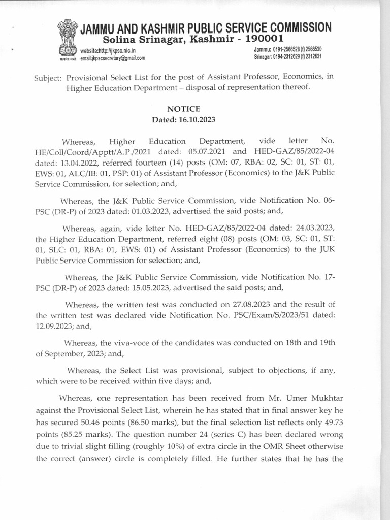 Provisional selection list for the post of asstt prof economics in hed