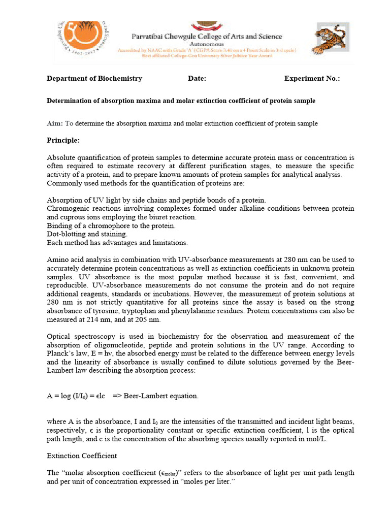 Determination of absorption maxima and molar extinction coefficient of