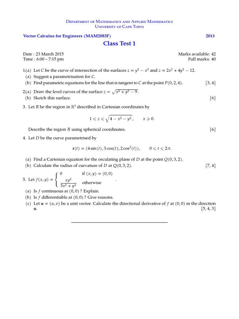 Vector Calculus Class Test 2015 | PDF
