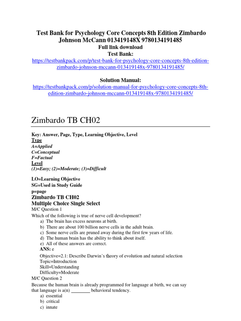 Test Bank for Psychology Core Concepts 8th Edition Zimbardo Johnson ...