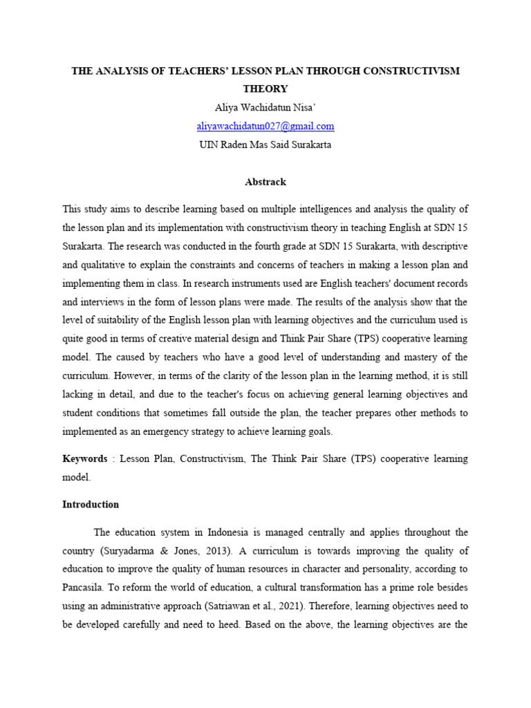 Aliya wachidatun nisa 206121130 the analysis of teachers lesson plan