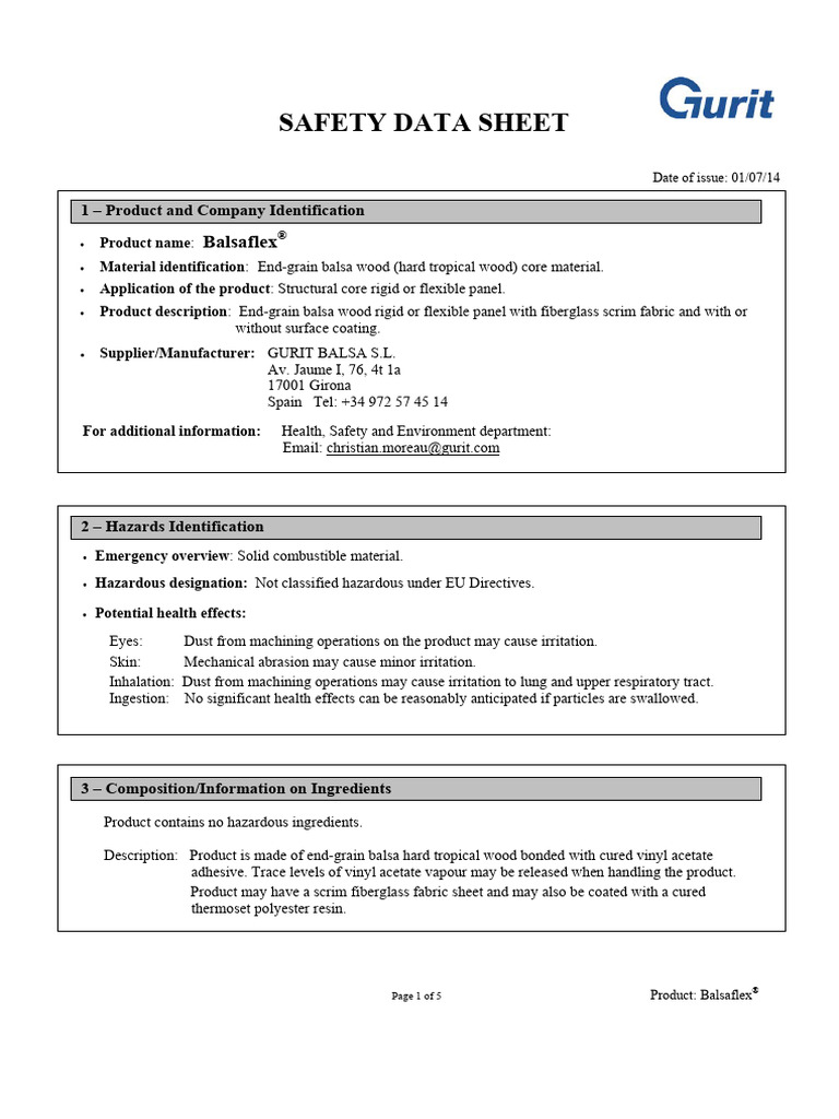 Balsaflex MSDS | PDF | Combustion | Fiberglass