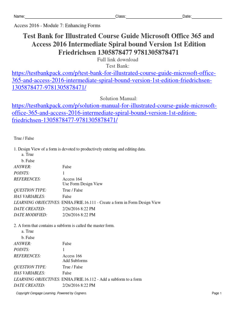 Test Bank For Illustrated Course Guide Microsoft Office 365 and Access ...