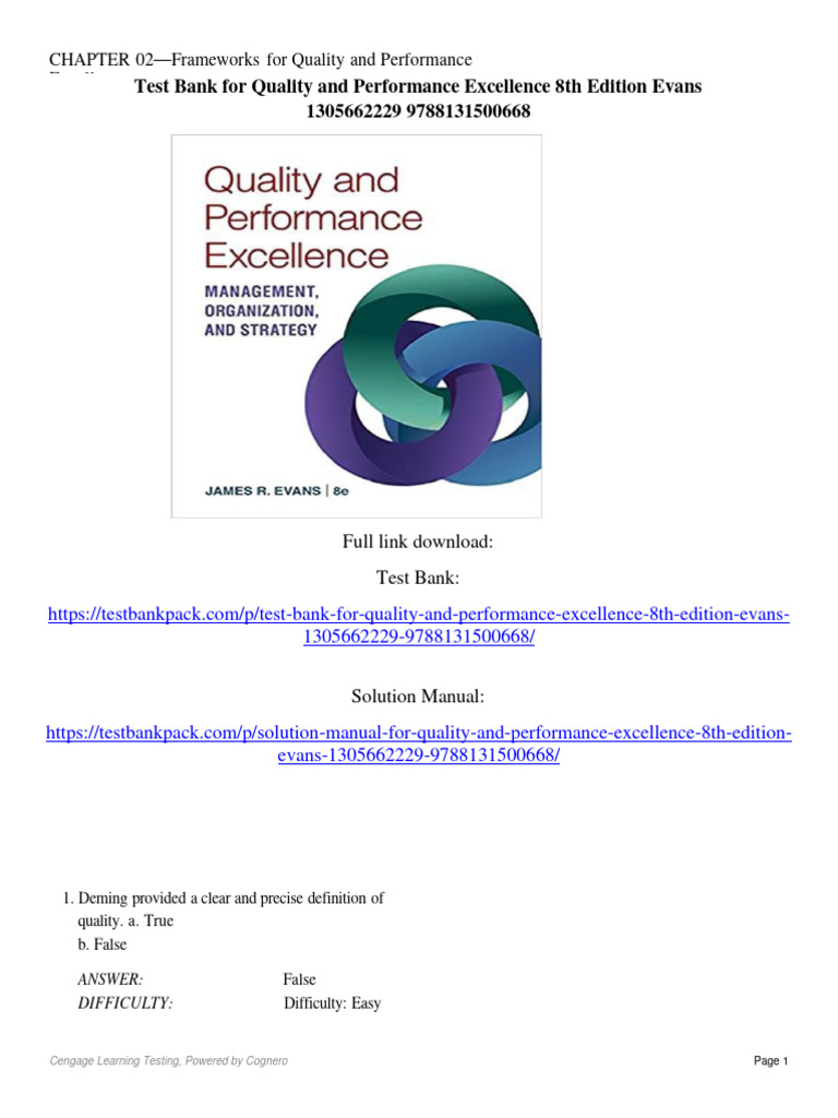 Test Bank For Quality and Performance Excellence 8th Edition Evans ...