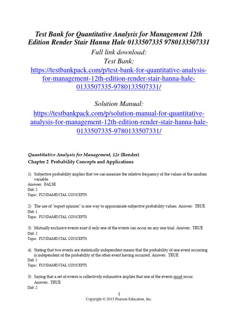 Test Bank For Quantitative Analysis For Management 12th Edition Render Stair Hanna Hale