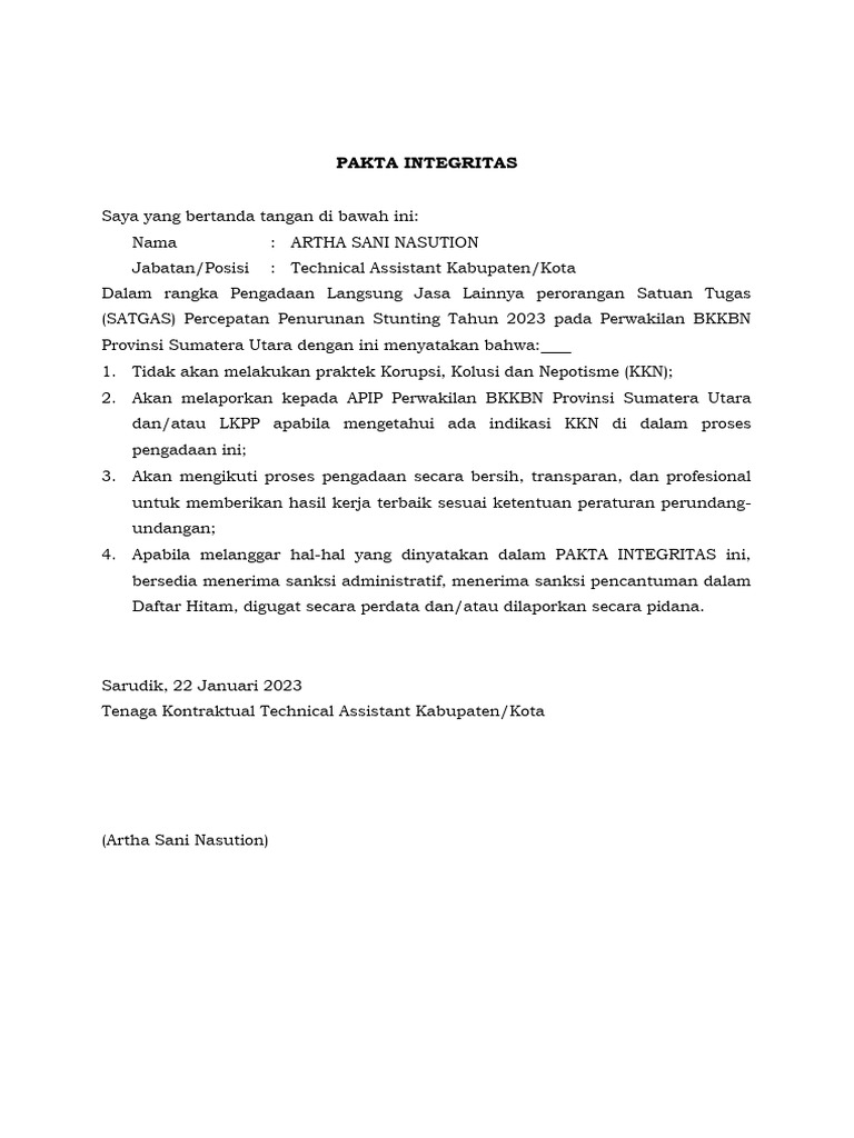 Contoh Pakta Integritas Pengadaan 2023 | PDF | Pengelolaan Keuangan & Uang