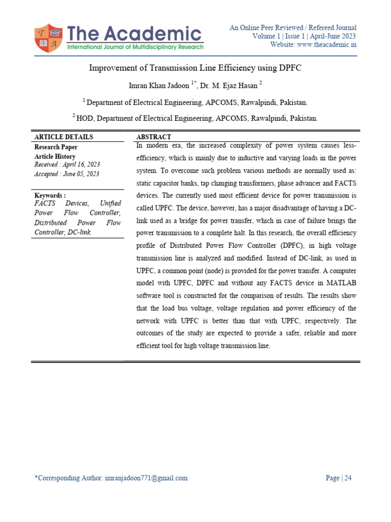 Improvement of Transmission Line Efficiency Using DPFC | PDF