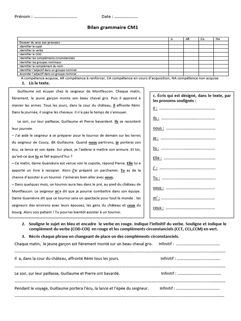 Bilan Grammaire CM1 P4 2019 2020 | PDF