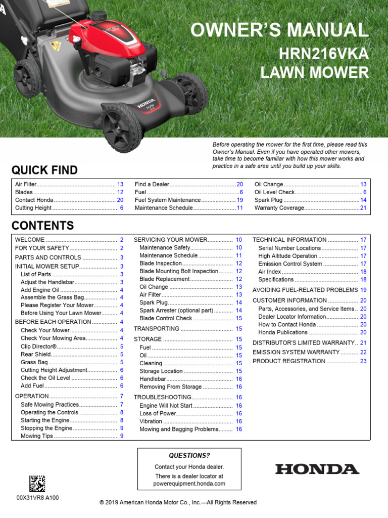 Honda HRN216VKA LAWN MOWER User Manual PDF