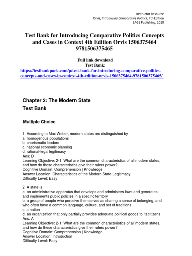Test Bank for Comparative Politics 4th Ed. | PDF | State (Polity ...