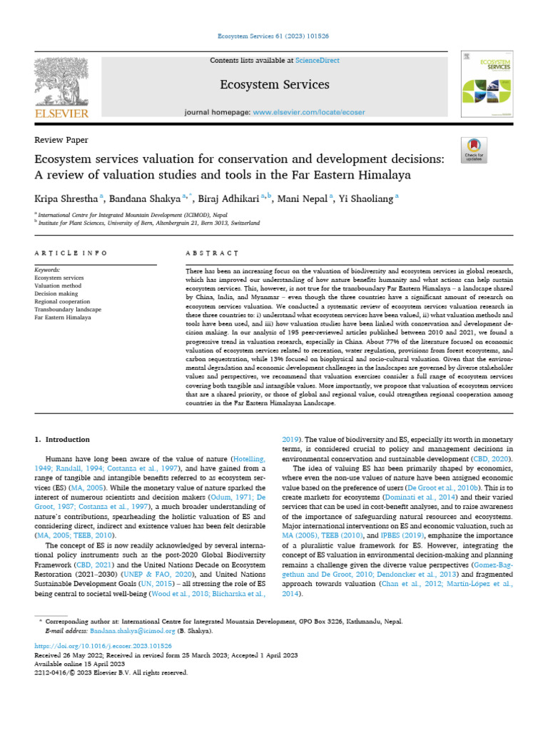 Ecosystem Services Valuation For Conservation And Development Decisions