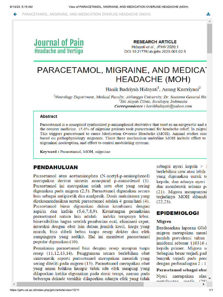Paracetamol, Migraine, and Medication Overuse Headache (Moh) | PDF ...