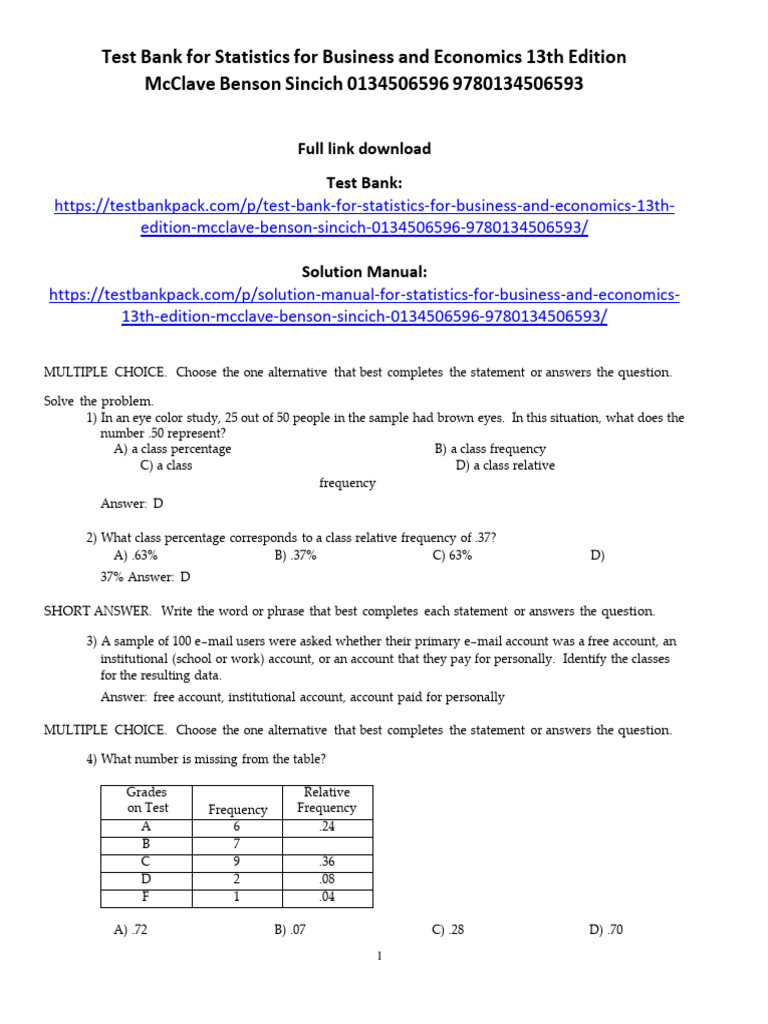 Test Bank For Statistics For Business and Economics 13th Edition ...