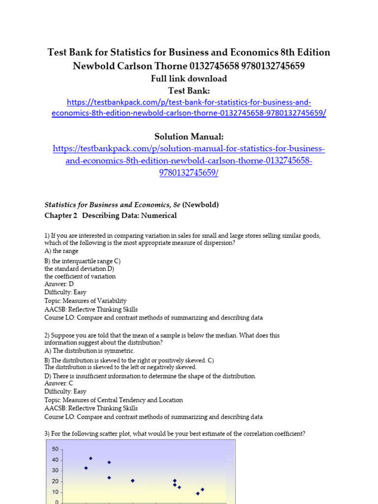 Test Bank For Statistics For Business and Economics 8th Edition Newbold ...
