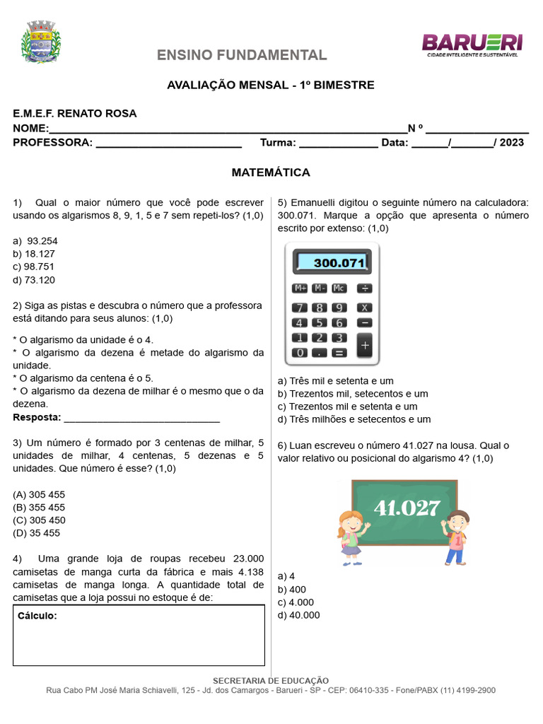 Avaliação Mensal de Matemática - 1º Bimestre 5º Ano D | PDF