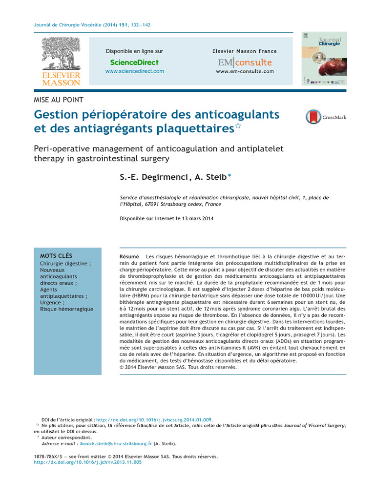 géstion péri-operatoires des anticoagulants 2014 | PDF