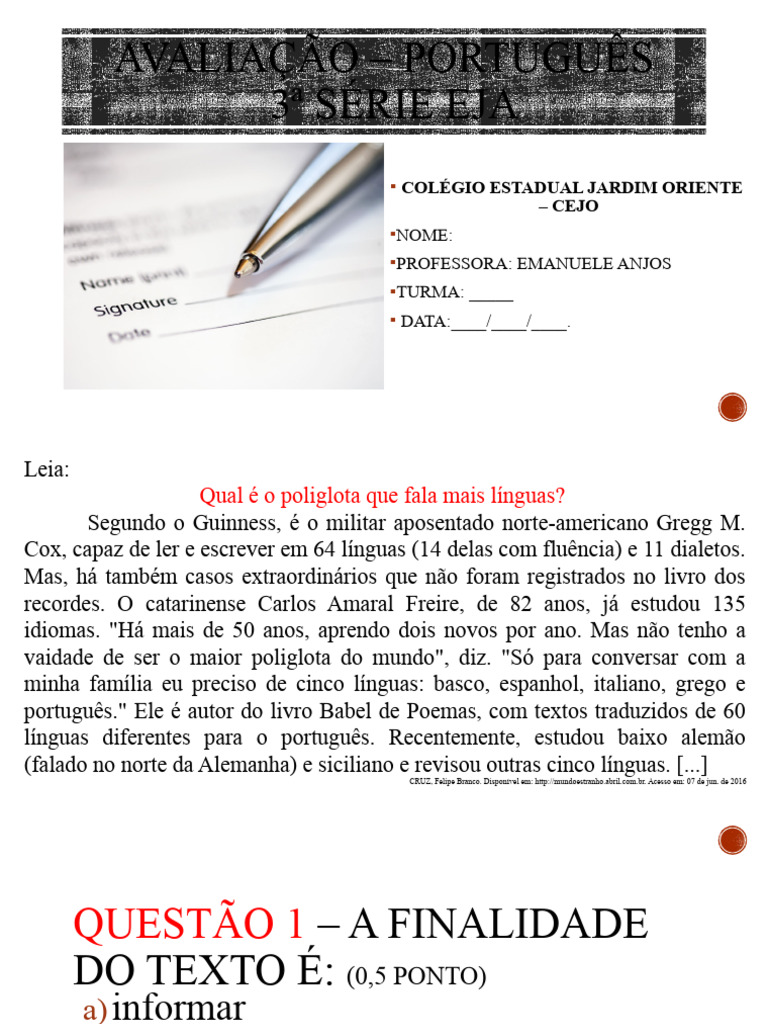 Avaliação de Português - 3ª Série EJA | PDF
