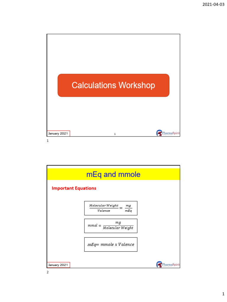 Pharmacy Calculations Workshop | PDF