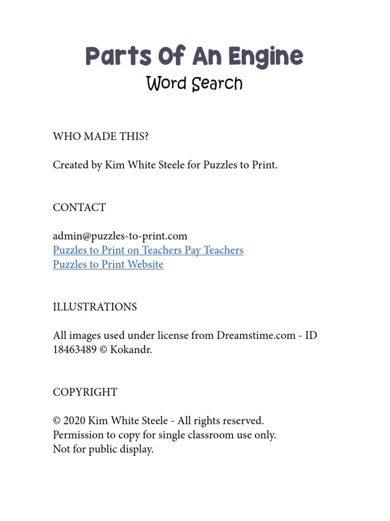 Parts of An Engine Word Search | PDF