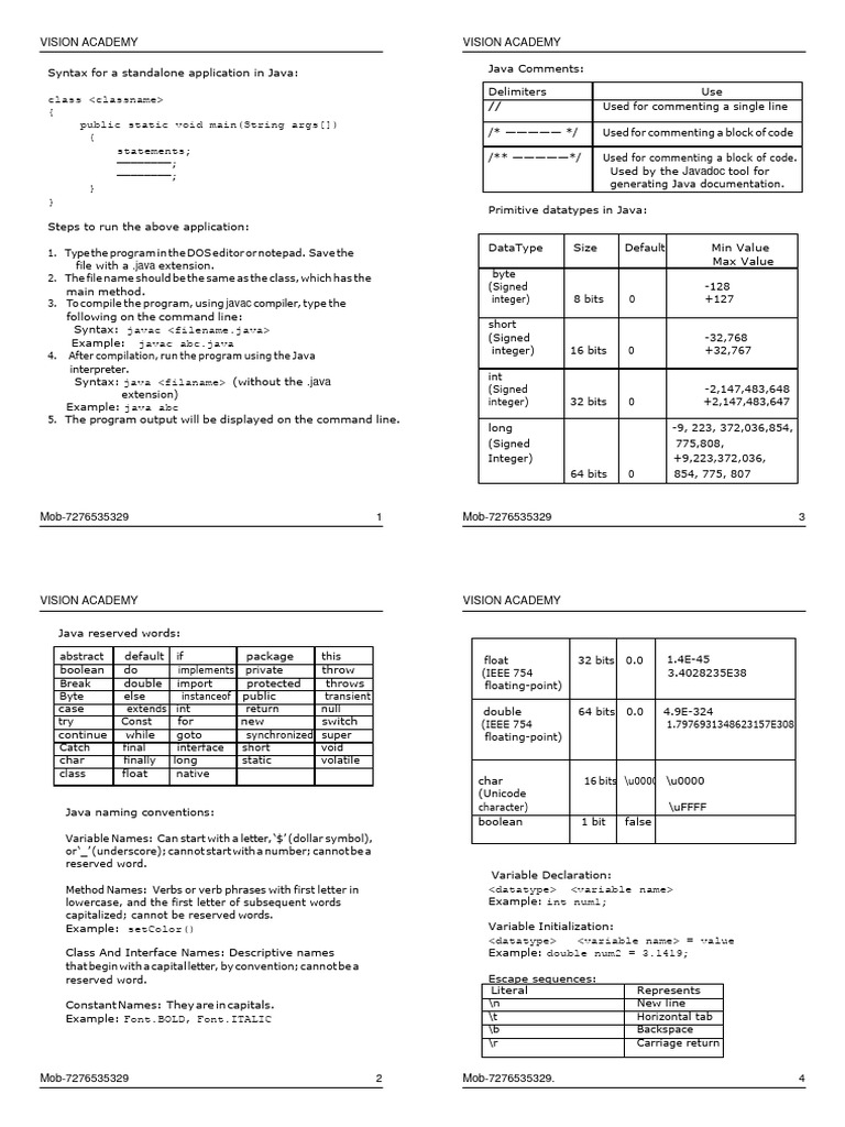 JAVA Programming Guide - VISION ACADEMY | PDF