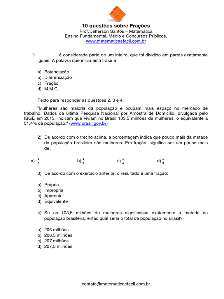 10 Questões sobre Frações em Matemática | PDF